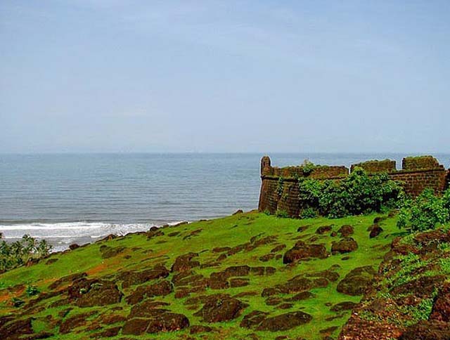 Aerial view of Chapora Fort overlooking the Arabian Sea in Goa, India.