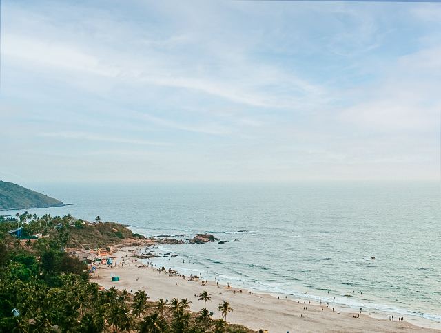 Aerial view of pristine beaches, palm trees, and blue ocean waters in Goa, India.