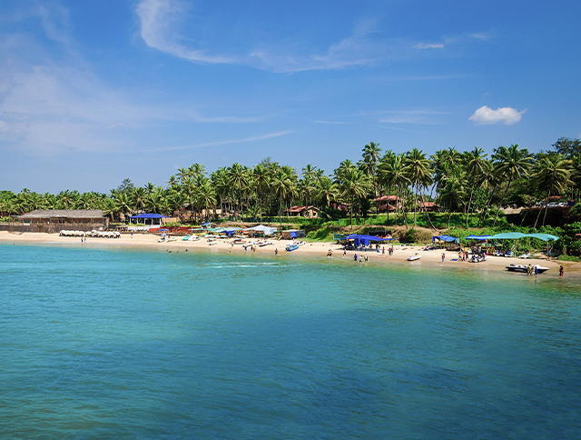 Aerial view of a beautiful beach in Goa with crystal-clear turquoise waters and palm trees lining the shoreline.